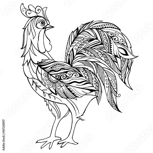 Hand drawn rooster for the anti stress coloring page