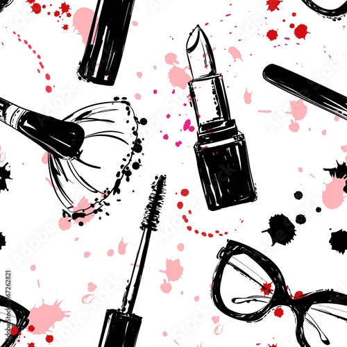 Seamless makeup cosmetics pattern. Vector hand drawn graphic fashion illustration: glasses, brush, makeup brush, lipstick, Brush of Mascara, mascara. Seamless pattern With pink and black ink sprays.