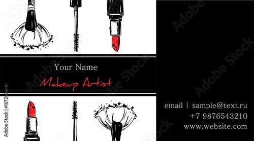Makeup artist banner. Business card concept. Beauty Set for make-up: lipstick, mascara, makeup brush, Logo vector template illustration