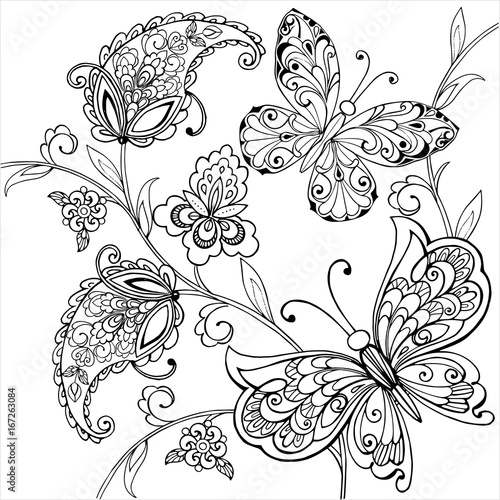 Hand drawn flowers and artistic butterflies for the anti stress coloring page