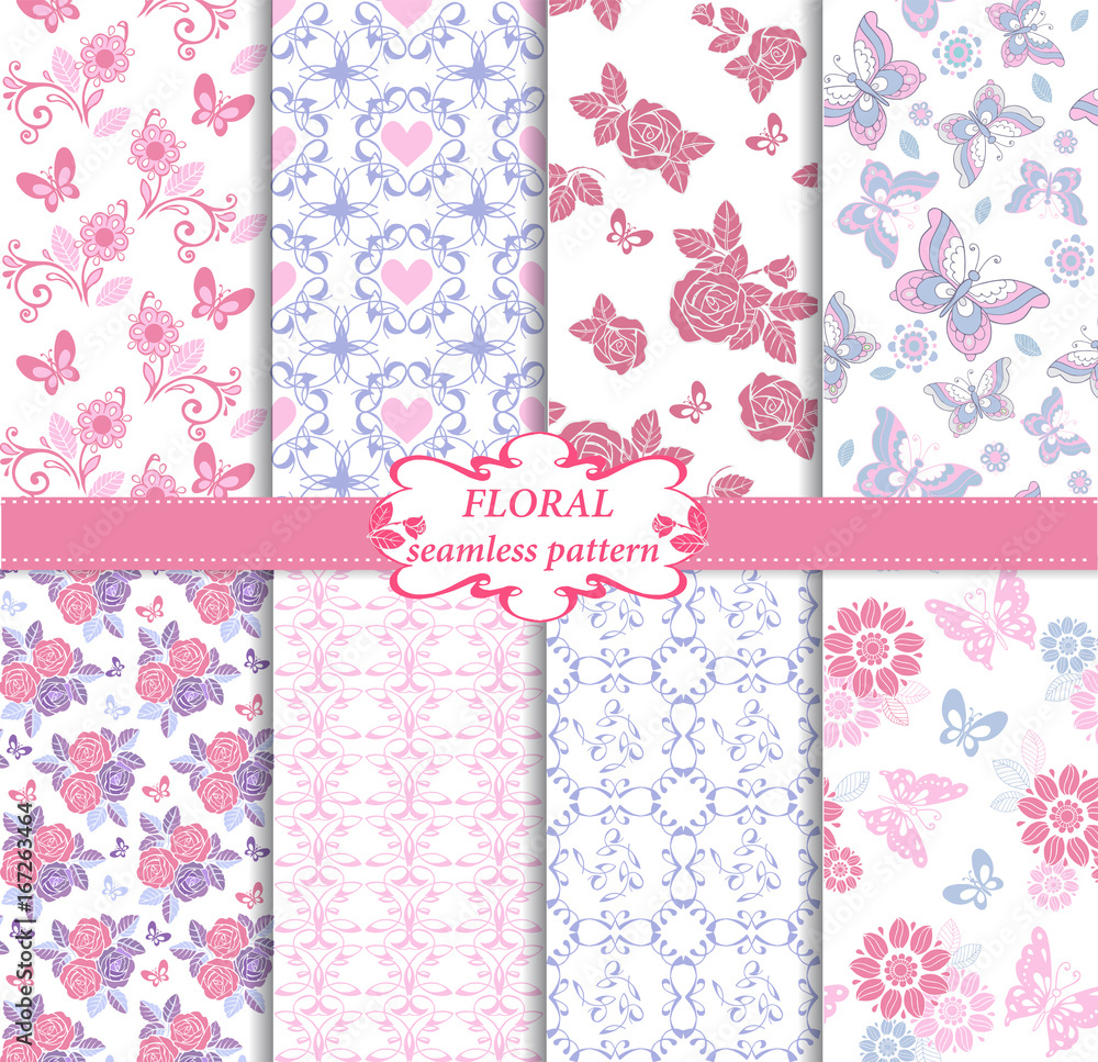 Collection of seamless pattern in blue and pink colors. Endless texture with butterflies, hearts and roses. Decorative ornament backdrop for fabric, textile, wrapping paper