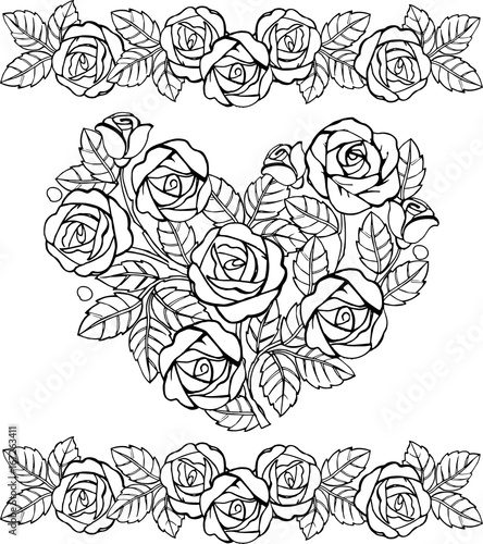 Hand drawn floral heart monochrome. Heart of roses for the anti stress coloring page