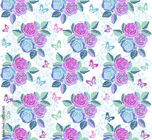 Floral seamless ornament with pink and blue flowers and butterflies. Decorative ornament backdrop for fabric  textile  wrapping paper