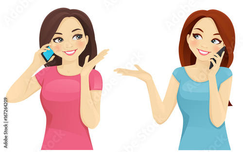 Two women talking on phone smiling vector illustration