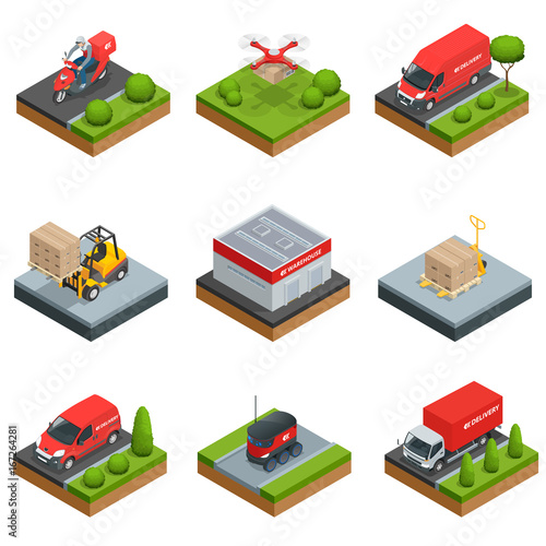 Logistics isometric icons set of different transportation distribution vehicles and delivery elements isolated vector illustration Delivery and storage concept infographics with flat