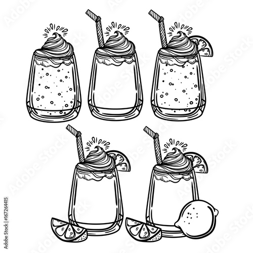 Vector illustration with a glass of ice cream and lemon. Sweet summer cocktail. Soda and lime. Perfect print for the menu in a cafe or restaurant.