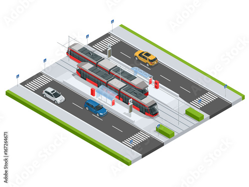 Modern Tramway on the stop and cars on the road Metropolitan mass transit system icons featuring tram car, cable car and modern tramway train Ideal for transportation infographics City Transport