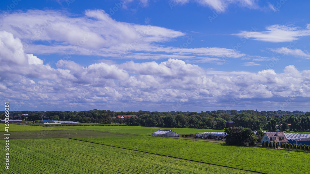 flat dutch farmland with a clear blue sky and white puffy clouds, farms and buildings in de distance like farms and sheds. The Netherlands