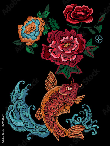 Embroidery oriental folk pattern with golden carp and flowers. Vector embroidered floral design with fish for wearing.