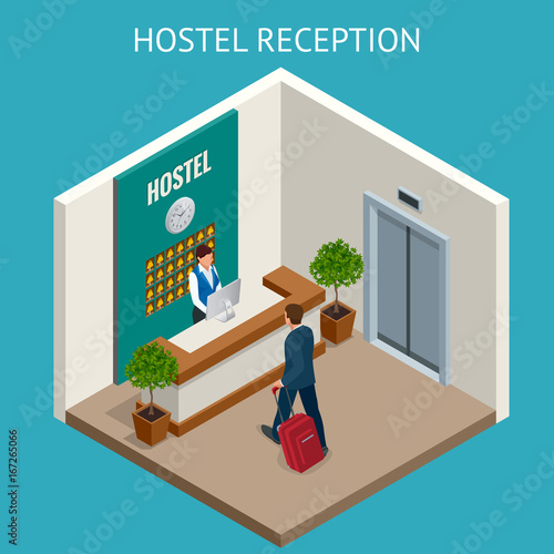 Hotel receptionist. Modern luxury hotel reception counter desk with bell. Happy female receptionist worker standing at hotel counter.