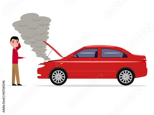 Vector cartoon man standing with a broken car