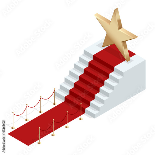 Isometric red event carpet isolated on a white background Red carpet event with white marble stairs and gold queue rope barriers posts stands realistic vector illustration