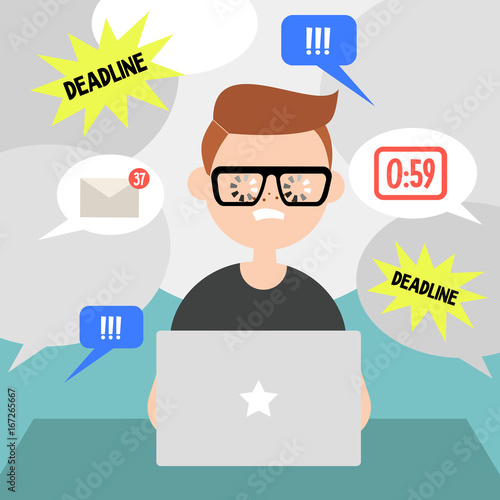 Working process conceptual illustration. Young exhausted male character surrounded by different tasks