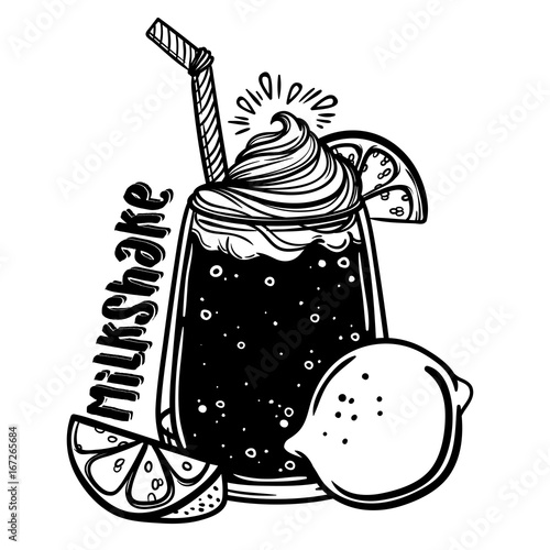 Vector illustration with a glass of ice cream and lemon. Sweet summer cocktail. Soda and lime. Perfect print for the menu in a cafe or restaurant.