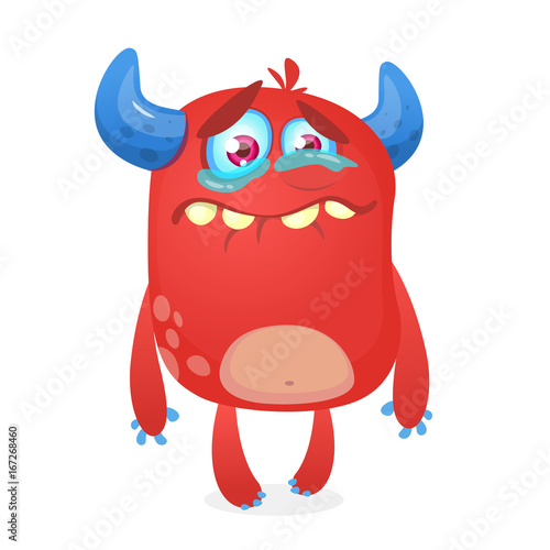 Crying cute monster cartoon. Pink  monster character mascot. Vector illustration for Halloween