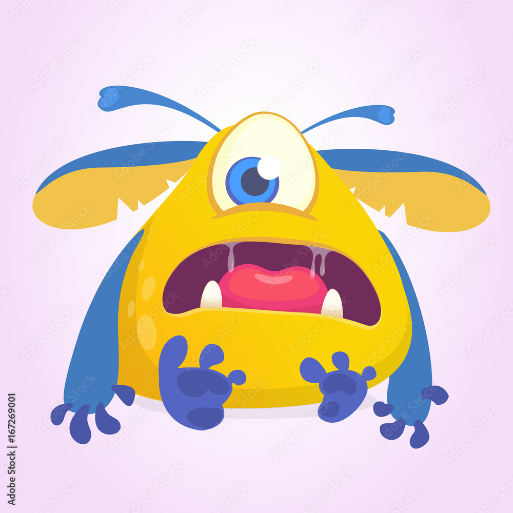 Sad cartoon monster character. Halloween vector blue yellow alien with one eye 
