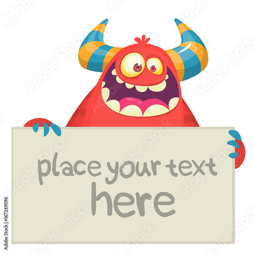 Cute Little Red Monster Cartoon Mascot Character Holding A Blank Sign. Vector Illustration Isolated On White Background