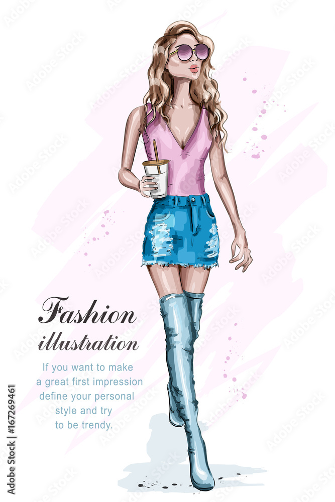 Beautiful young woman in fashion clothes. Full body portrait of posing  fashion model. Cute girl with coffee cup. Fashion girl in sunglasses.  Sketch. Vector illustration. Stock Vector
