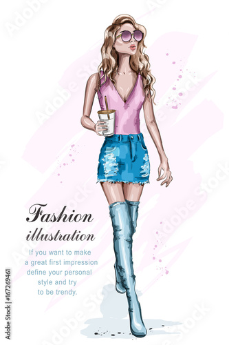 Beautiful young woman in fashion clothes. Full body portrait of posing fashion model. Cute girl with coffee cup. Fashion girl in sunglasses. Sketch. Vector illustration.
