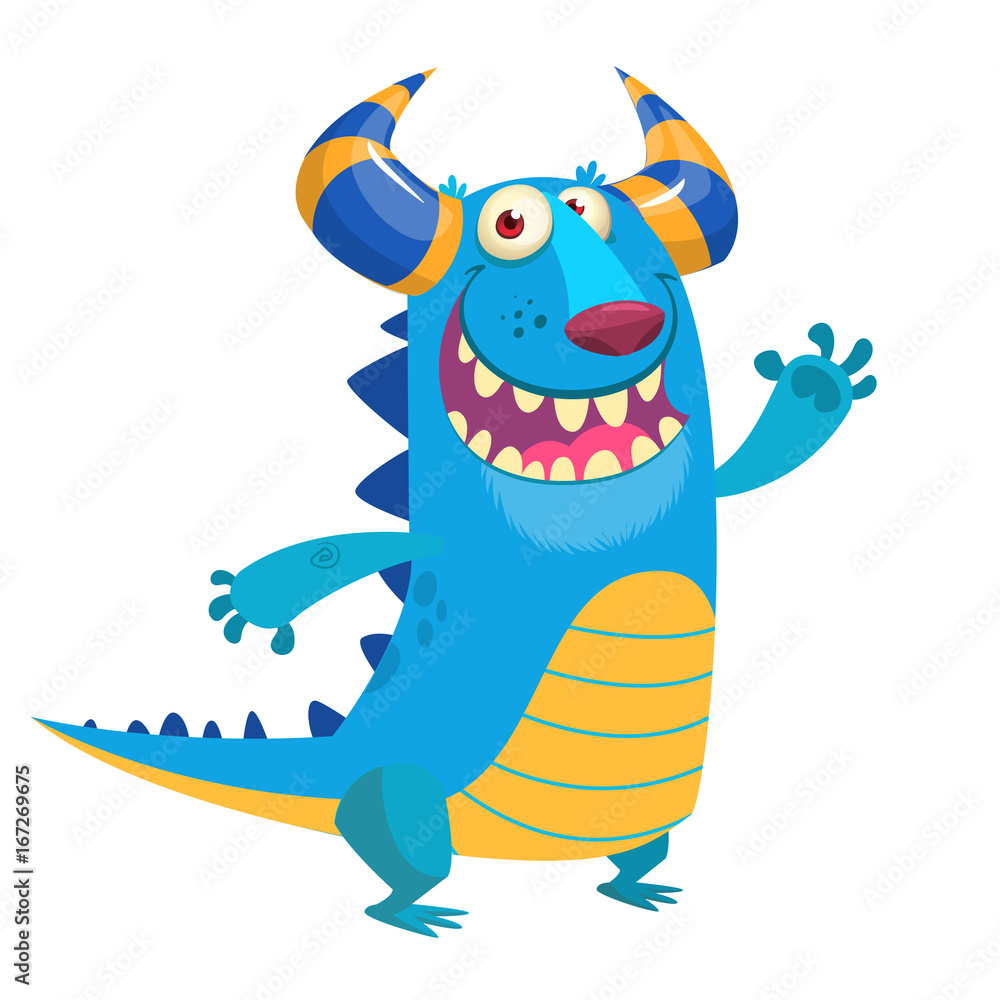 Fototapeta premium Happy cartoon blue monster mascot. Halloween vector illustration isolated