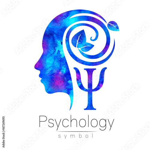 Modern head Logo sign of Psychology. Profile Human. Green Leaves. Letter Psi . Symbol in . Design concept. Brand company. Blue color isolated on white background. Icon for web, logotype.