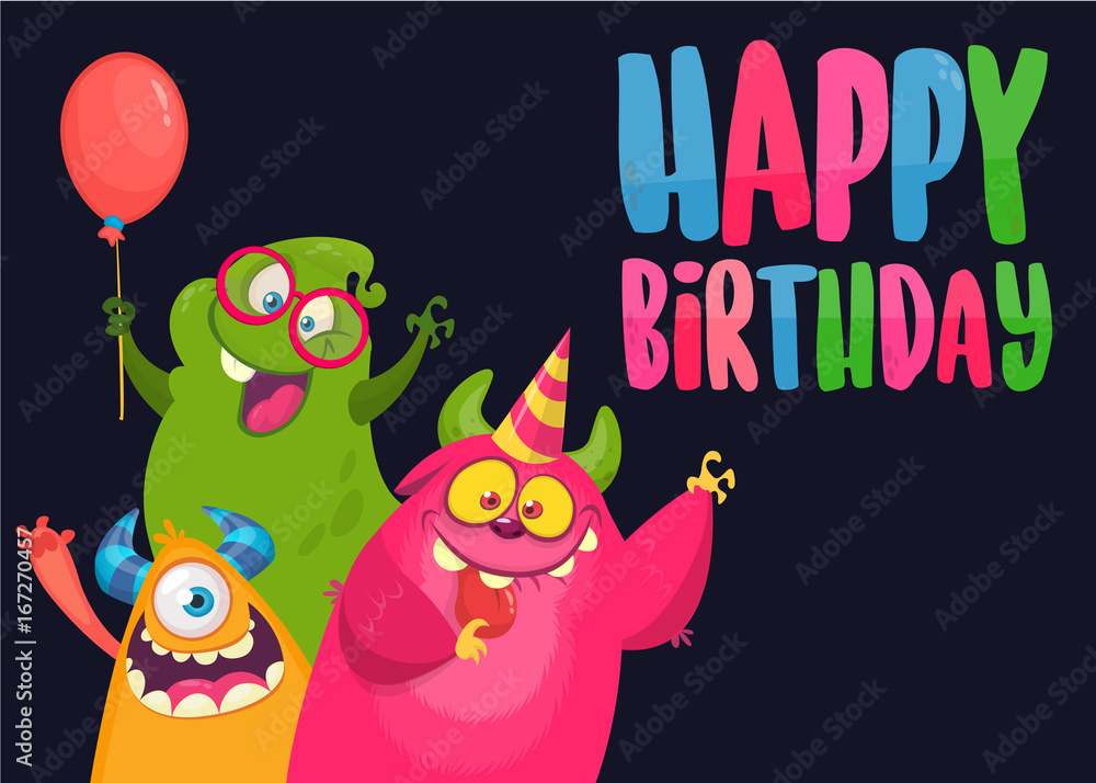 Fototapeta premium Vector birthday card with cute funny monsters in cartoon style. Design for poster or print decoration