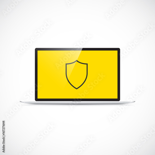 Computer virus protection concept. Shield symbol on the screen