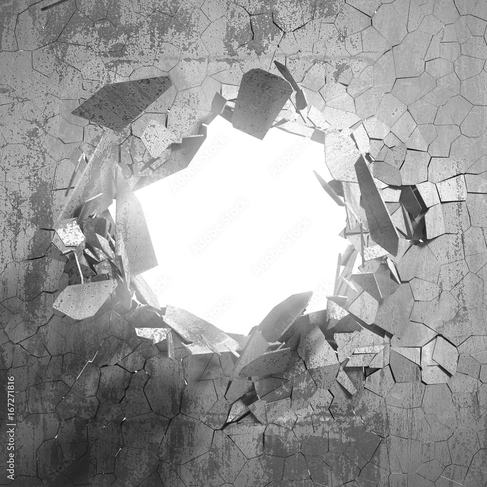 Fototapeta Pęknięty duży otwór w podziale na betonową ścianę do światła