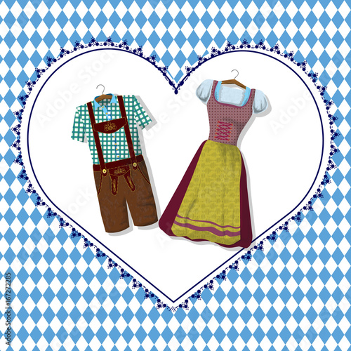 Dirndl und Lederhose auf einem Herz in Blau Weiß zum Oktoberfest.  Grußkarte von München