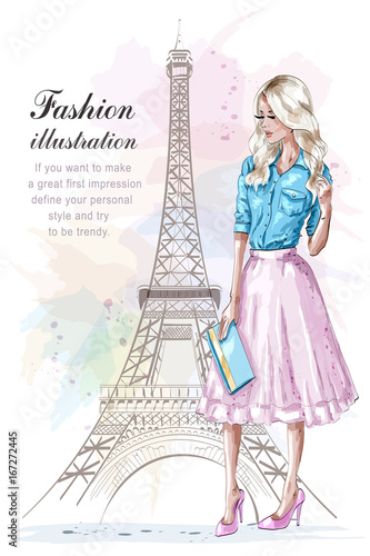 Tapety do Garderoby  beautiful-blonde-hair-girl-with-hand-bag-fashion-woman-with-eiffel-tower-on-background-hand-drawn-young-woman-in-fashion-clothes-sketch-vector-illustration