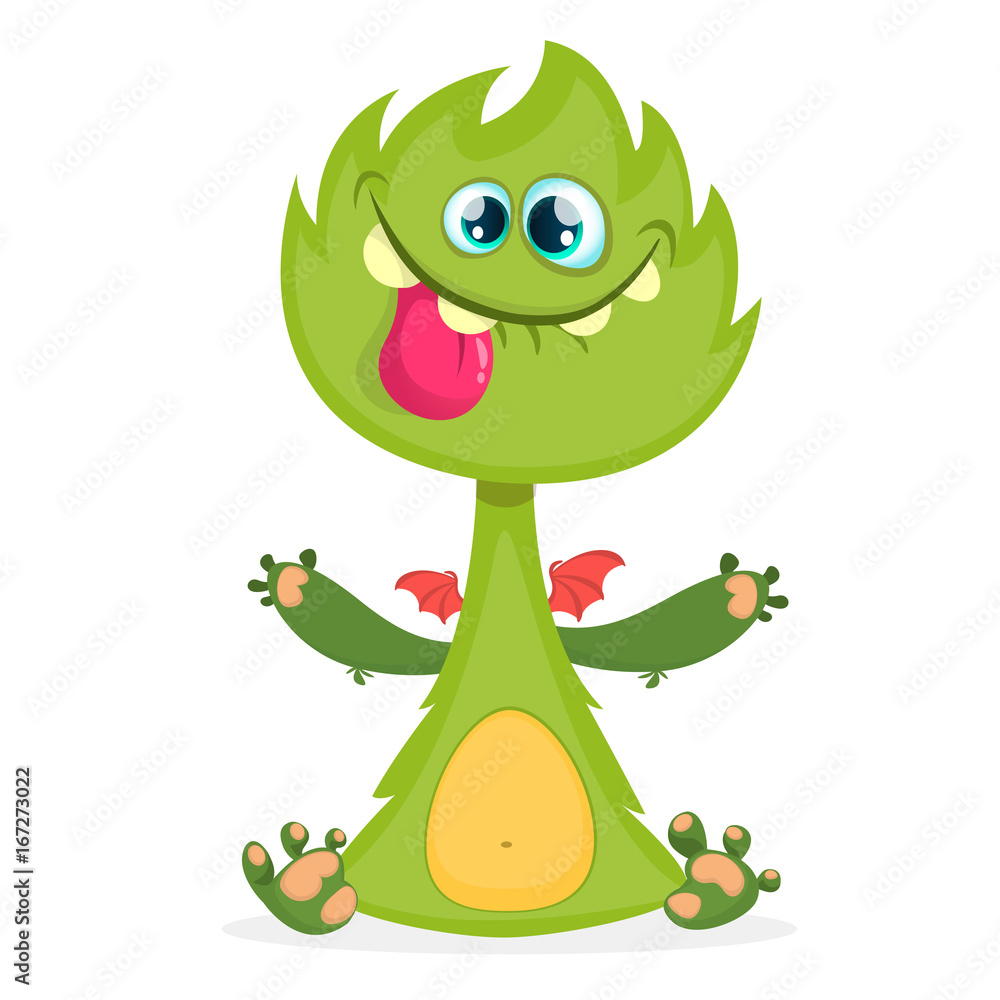 Obraz premium Cartoon dragon monster with tiny wings.Furry green dragon vector illustration. Halloween design
