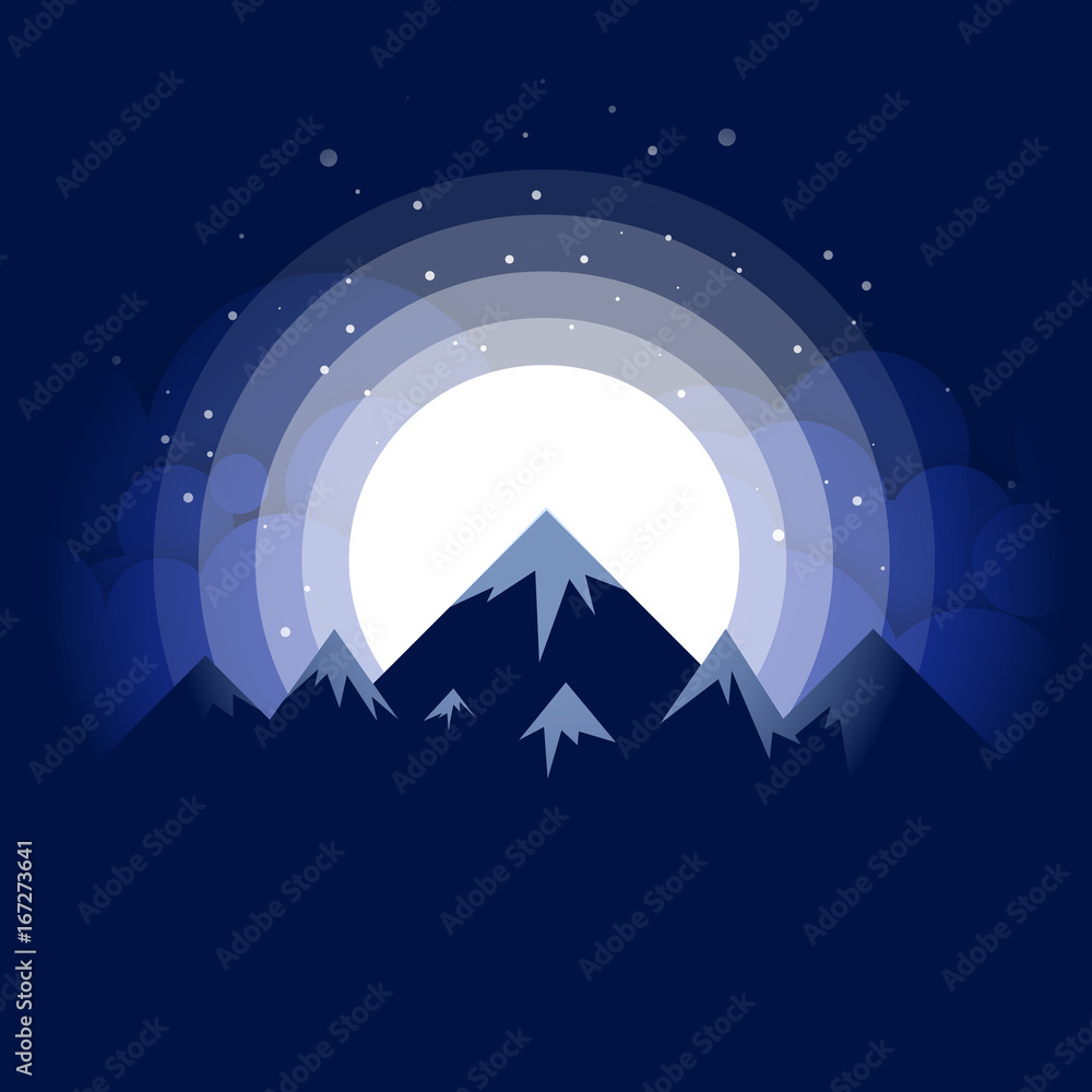 Obraz premium Illustration of the snow-capped mountains against the background of the full moon among the clouds at night. Mountain landscape