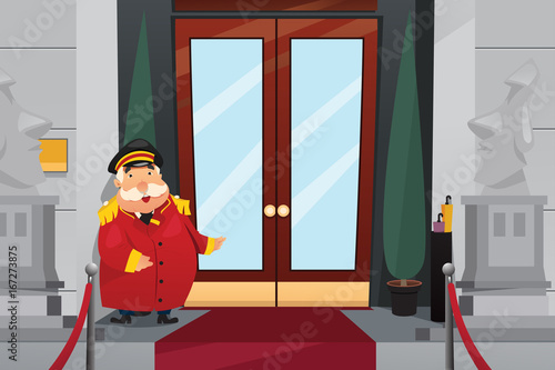 Doorman Standing in Front of the Entrance Doors