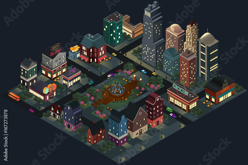 Isometric Design of City Streets and Buildings at Night