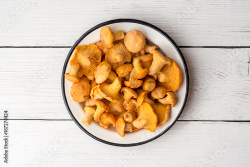 Raw mushrooms chanterelle in plate on white wooden background.