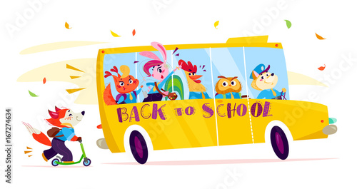 Vector flat school animal students illustration