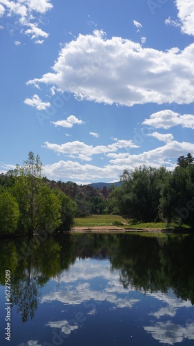 Country Lake and Trees with Clouds and Sky Reflection on Water