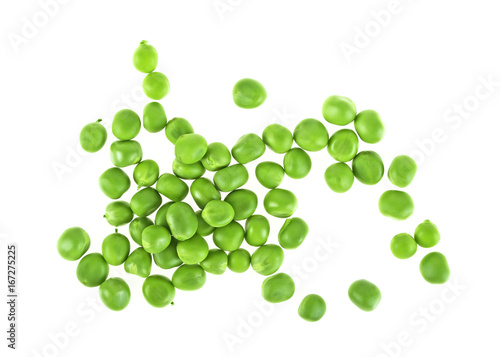 Fresh corn of green peas isolated on white background, top view