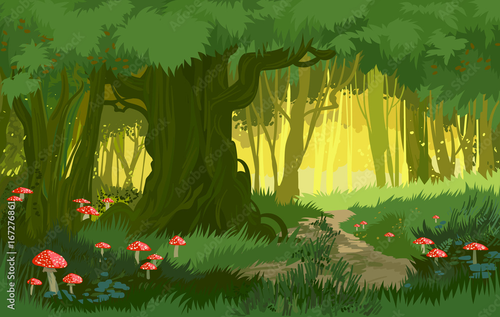 Obraz premium Ilustracji wektorowych jasne zielone lato magiczny las wektor grzyby tło