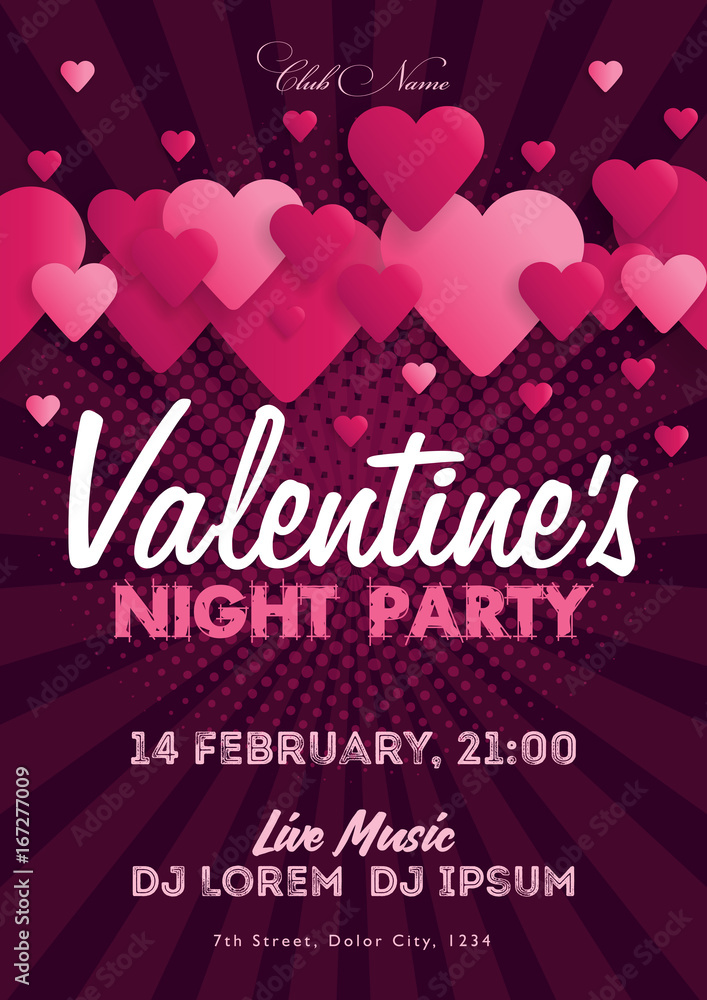 Valentine's Day invitation flyer. The template for the club, musical evenings. Speech by musicians, DJs. Night festive party. Background with hearts. Vector illustrations