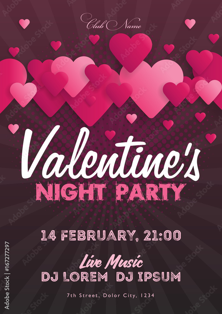 Valentine's Day invitation flyer. The template for the club, musical evenings. Speech by musicians, DJs. Night festive party. Background with hearts. Vector illustrations Valentine's Day invitation flyer. The template for the club, musical evenings. Speech by musicians, DJs. Night festive party. Background with hearts. Vector illustrations