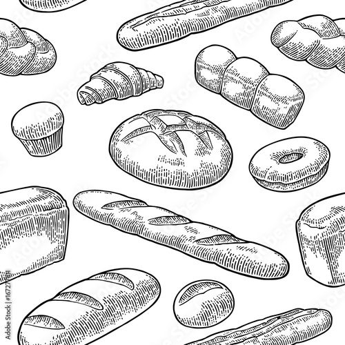 Seamless Pattern for bakery. Vector black hand drawn vintage engraving