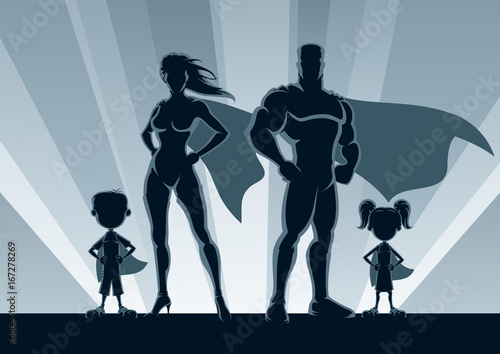 Superhero Family Silhouettes / Superhero family posing in front of lights. 