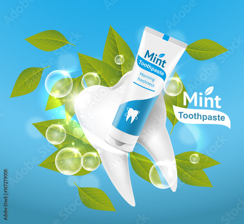 Tube of toothpaste with mint leaves. Advertising poster template