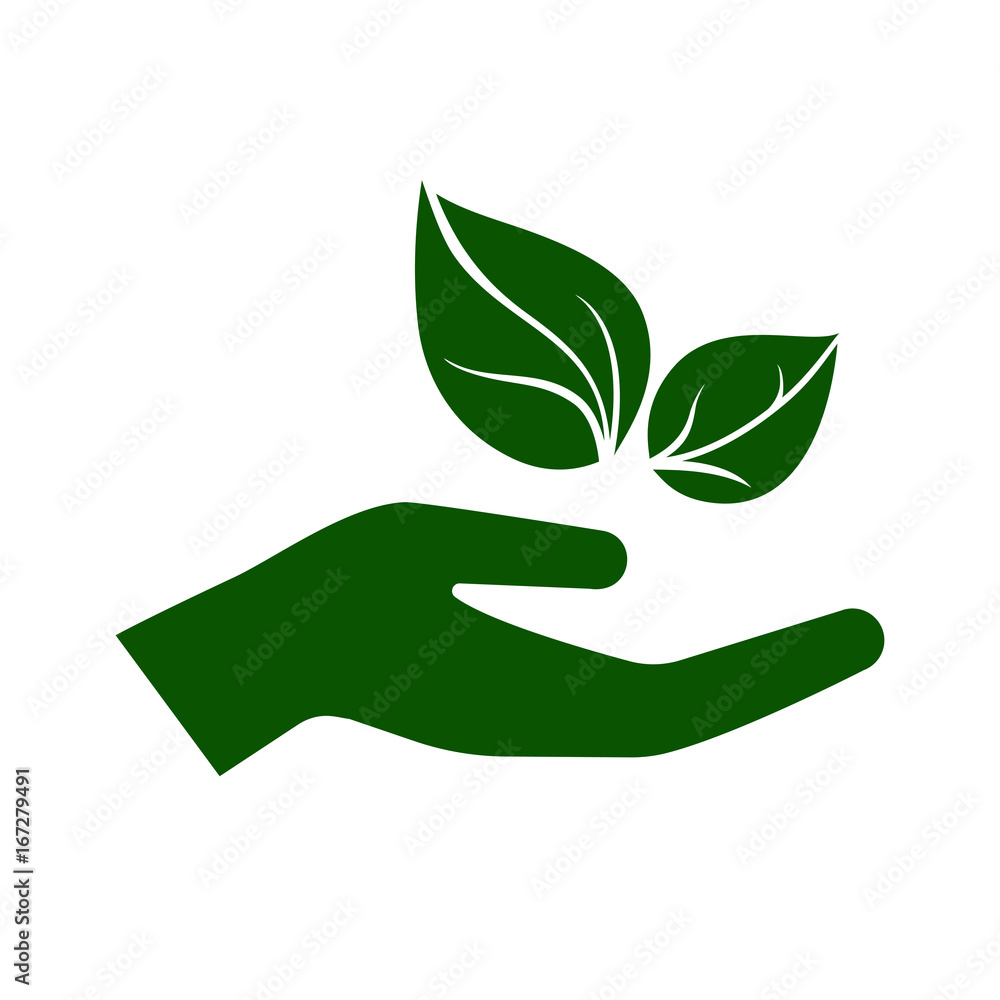Icon of hand carefully holding green leaves. Symbol of ecology