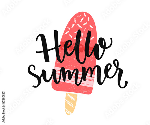 Hello summer banner with modern calligaphy caption and hand drawn ice cream on the stick