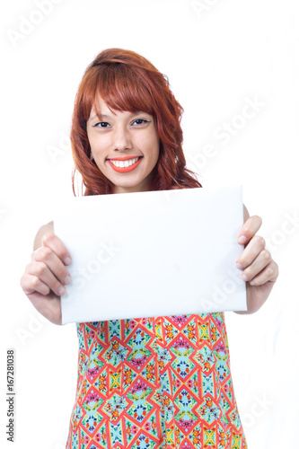 Happy girl showing blank board. White background