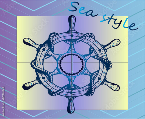 Time of travel - the ship's steering wheel. sea style. Beautiful detailed sketch of the ship's rudder