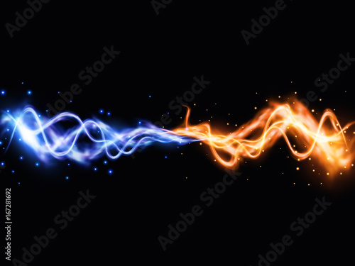 Collision of two forces with yellow and blue lights. Vector light effect. Realistic lightnings.