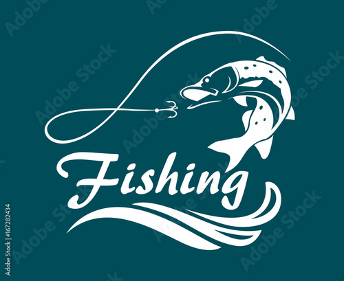 fishing emblem with pike, waves and hook